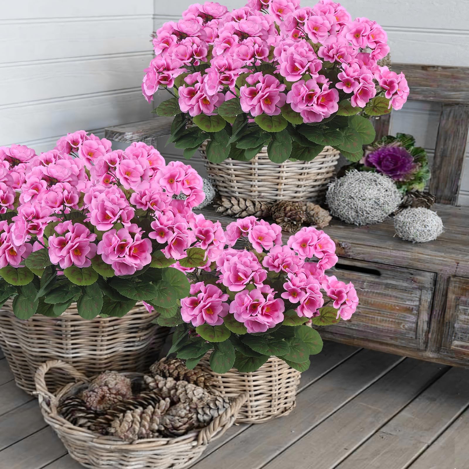3 Pcs Artificial Geraniums Flowers Silk Geraniums for Outdoors UV Resistant Purp