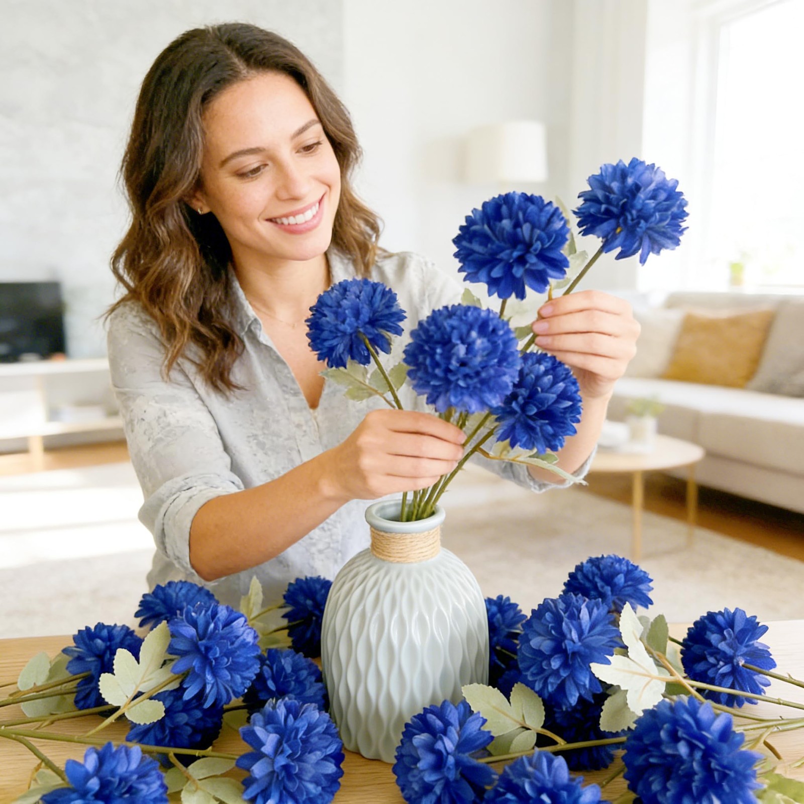 6 Pcs Artificial Silk Chrysanthemum Flowers – 18 Bloom Heads Faux Pompon Mum …