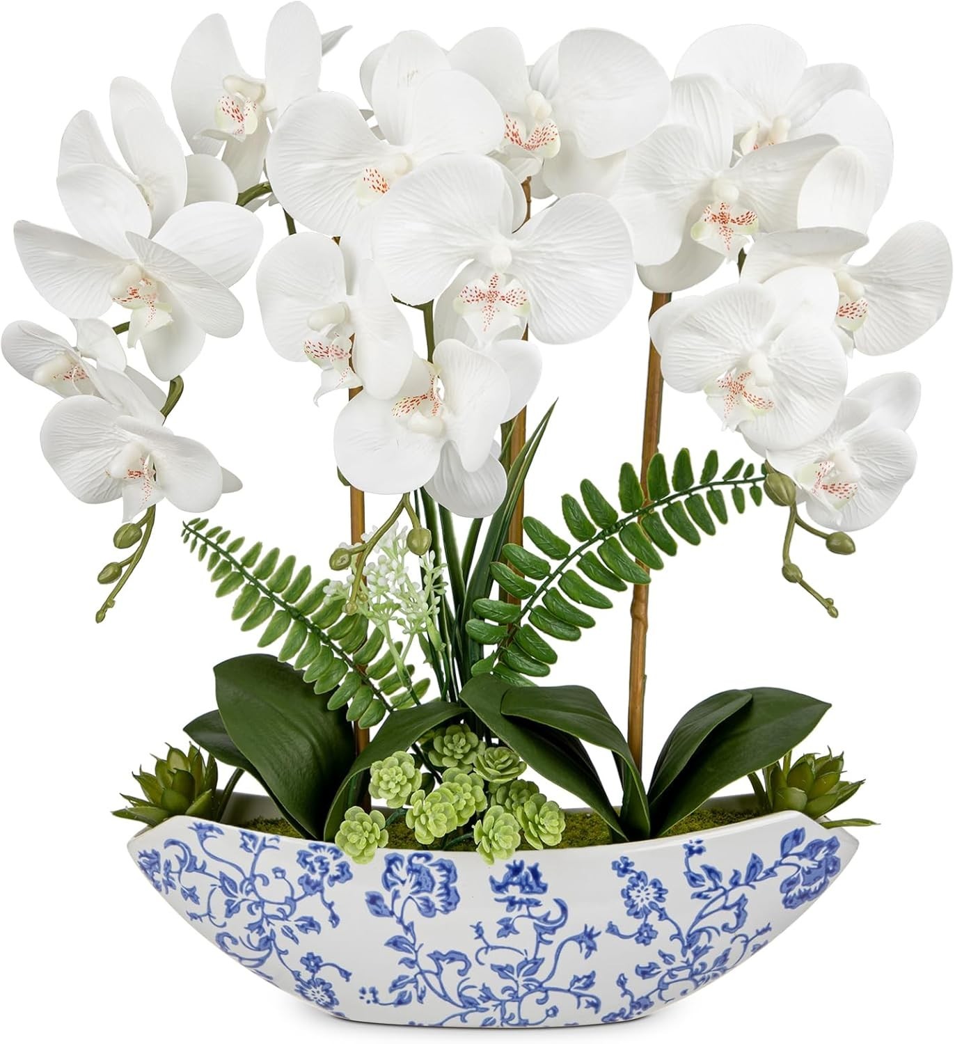 Lifelike 18in White Silk Orchid Centerpiece in Stylish Ceramic Vase for Any Room