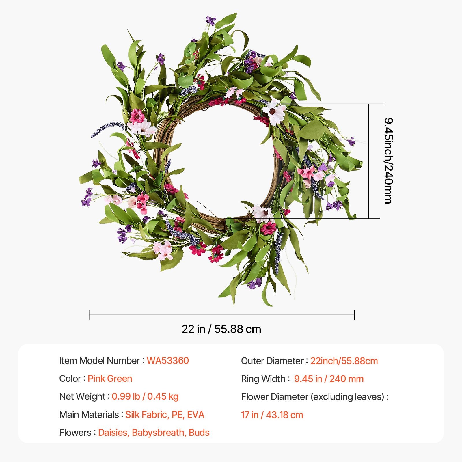 All Season Floral Wreath 22in Artificial Daisy Babysbreath for Home Wall Door