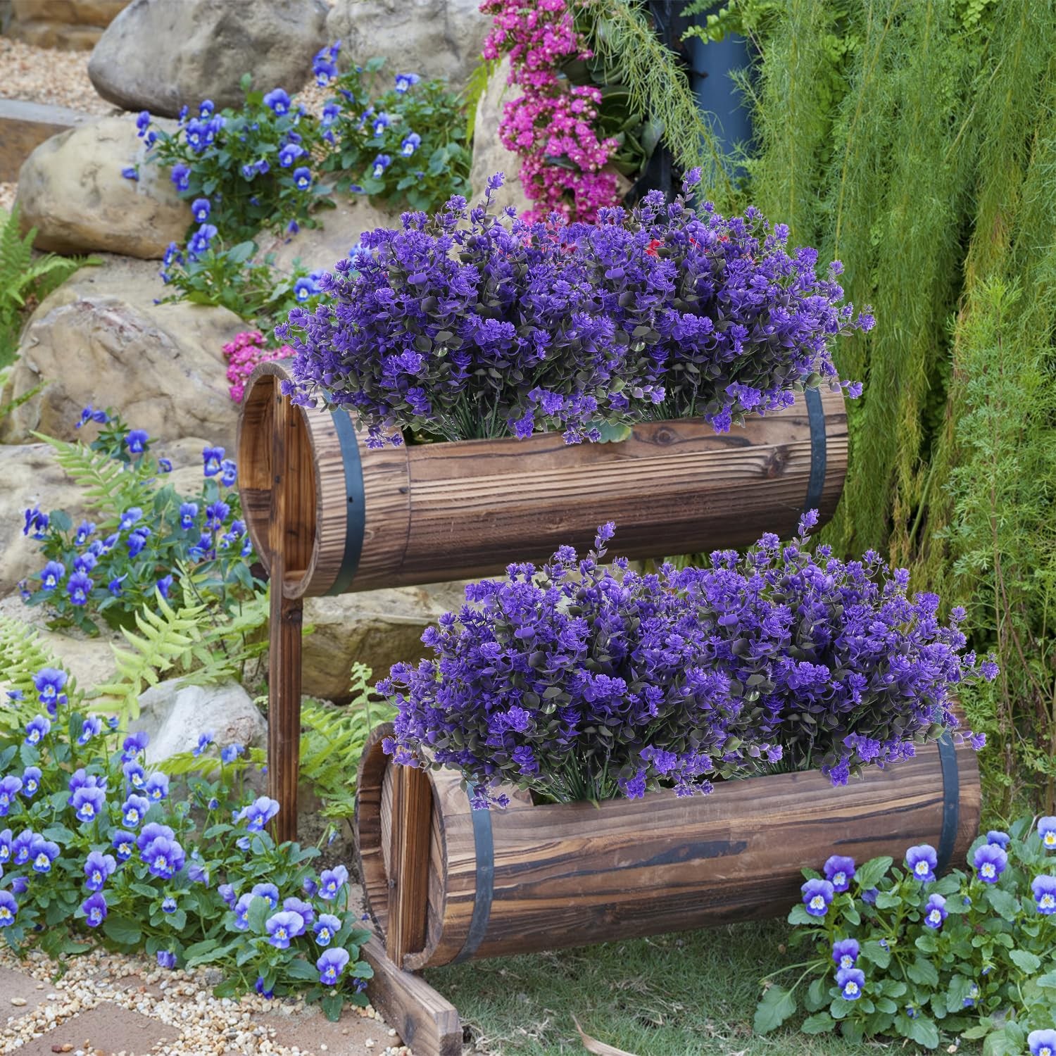 10Pcs Fake Boxwood Plants,Purple Flowers Artificial Greenery Outdoor