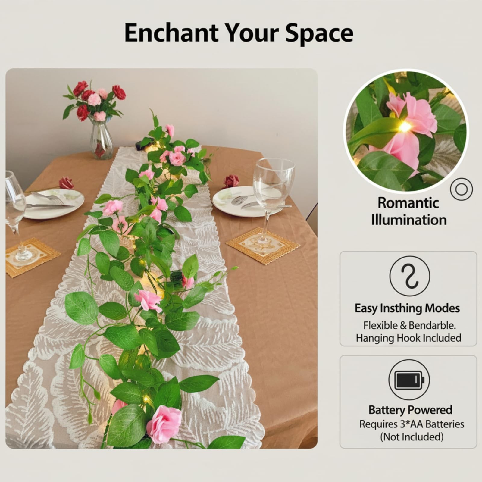 5.9ft Artificial Rose Flower Garland with 70 LED String Lights