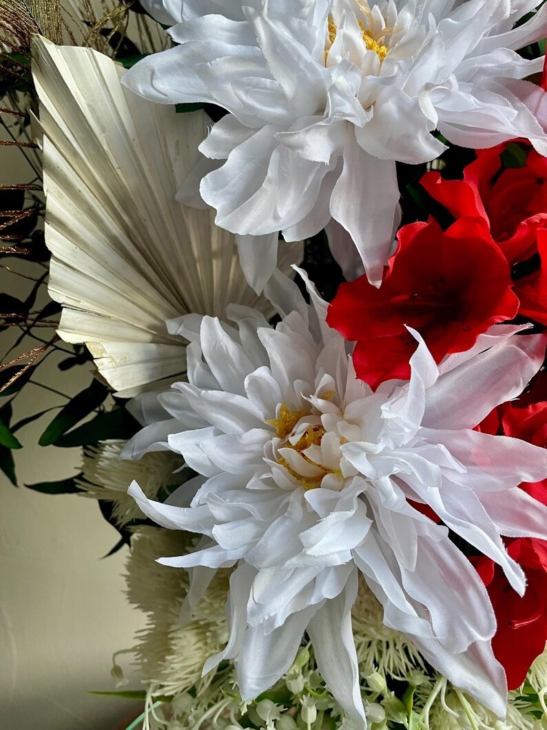 Earthy Red & White Floral Arrangement: Peacock Home Decor, Table Centerpiece