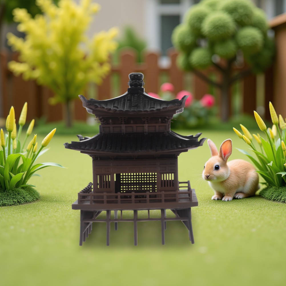 Light Brown Micro Landscape Pavilion Statue Plastic Decor for Home and Office