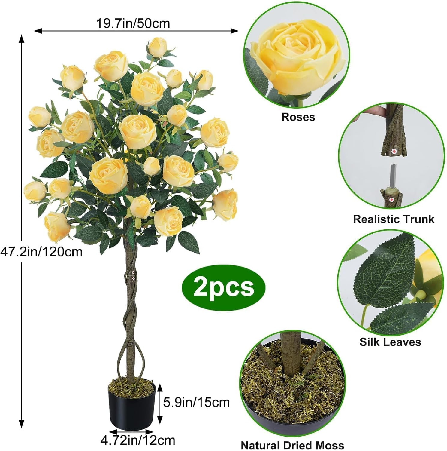4FT Yellow Rose Tree Set of 2 – Blooming Artificial Flowers for Home & Garden