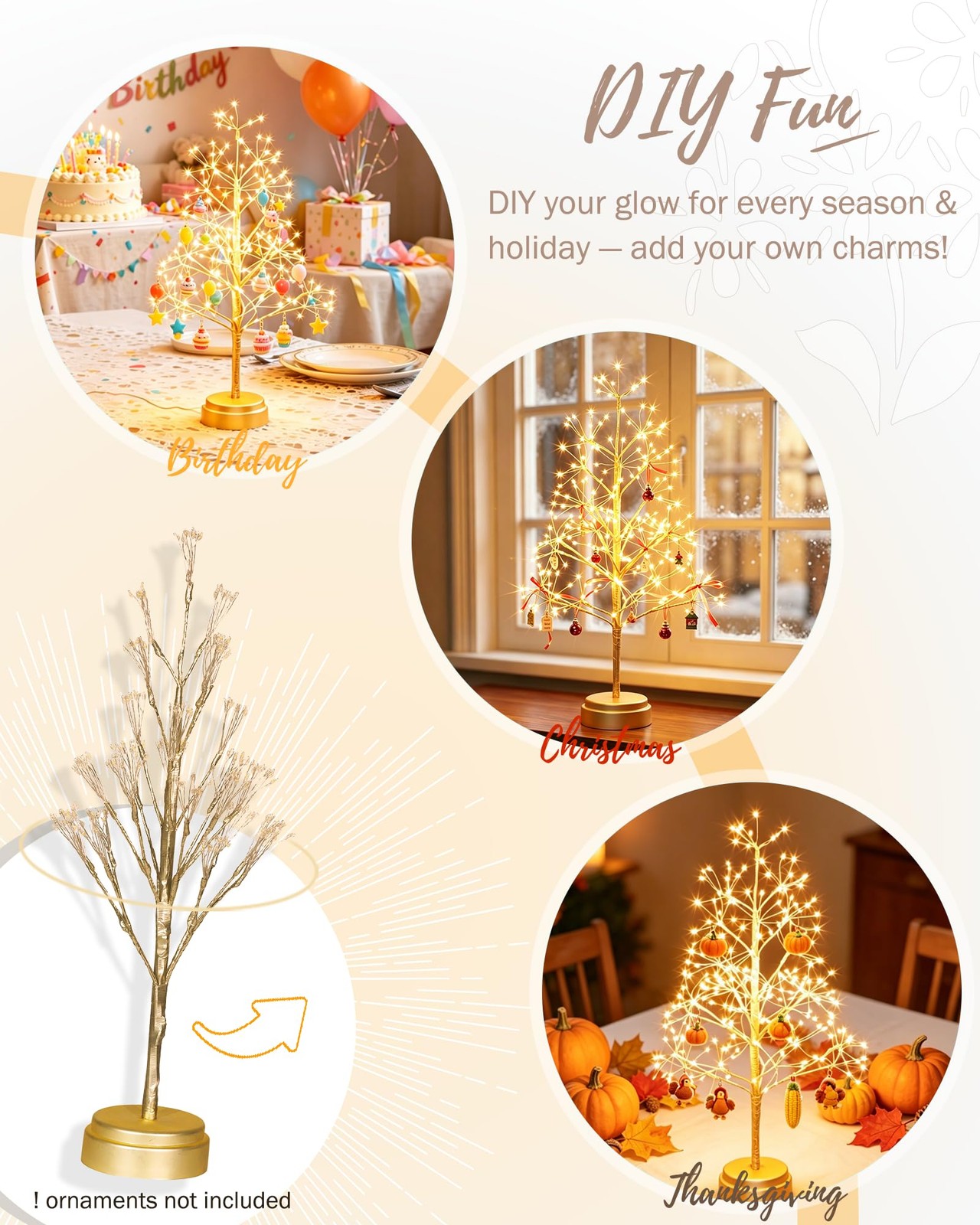 17.7 Inch 250 LED Fairy Tree Lamp Artificial Bonsai Lights Decor Battery Gold