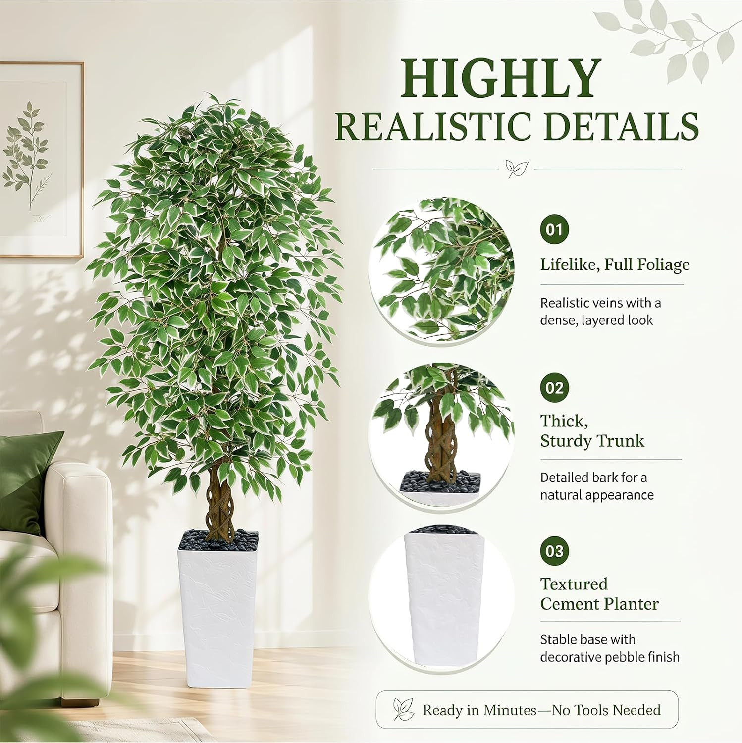 6FT Artificial Ficus Tree, Tall Fake Ficus Tree with Natural Wood Trunk & Silk L