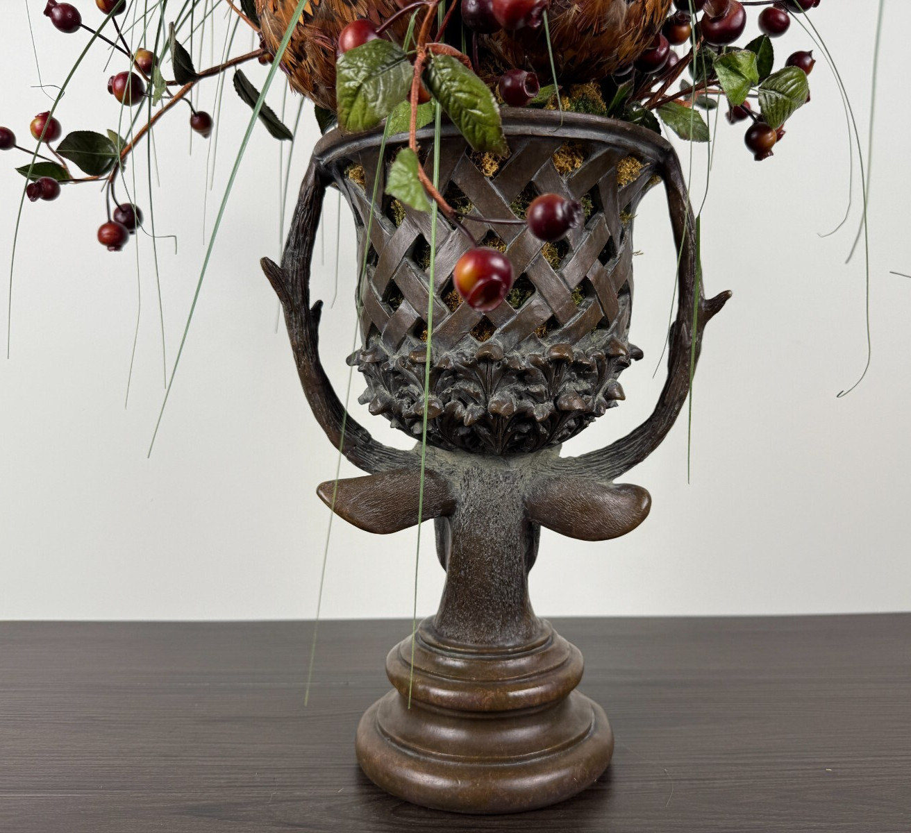 Rustic Stag Head Urn Faux Floral Arrangement Pheasant Feather Lodge Centerpiece