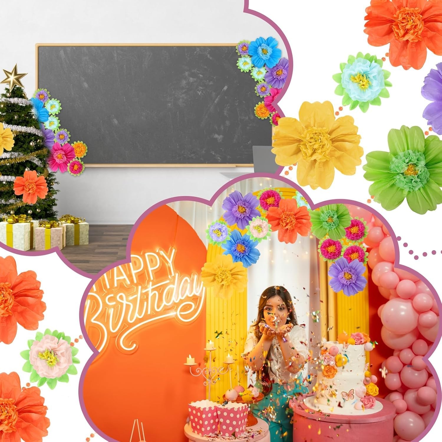 12 PCS 20 Inch Giant Rainbow Tissue Paper Flowers, 2 Sizes, Mexican Fiesta