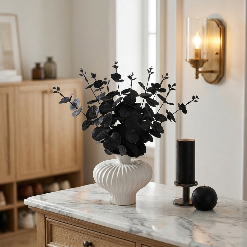 Realistic Black Plastic Eucalyptus Foliage Stems 13.78in for Festive Home Decor