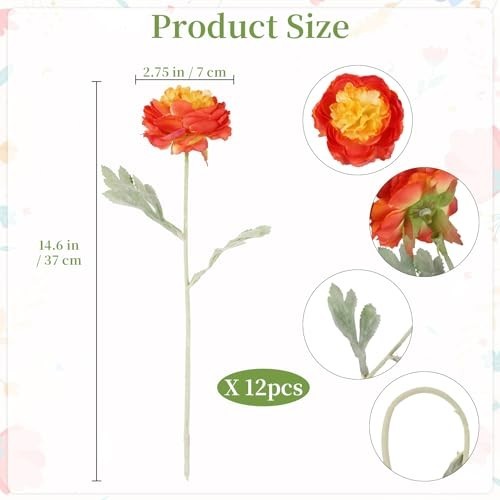 12Pcs Realistic Orange Silk Peonies & Ranunculus Flowers for Home Decor, Wedding