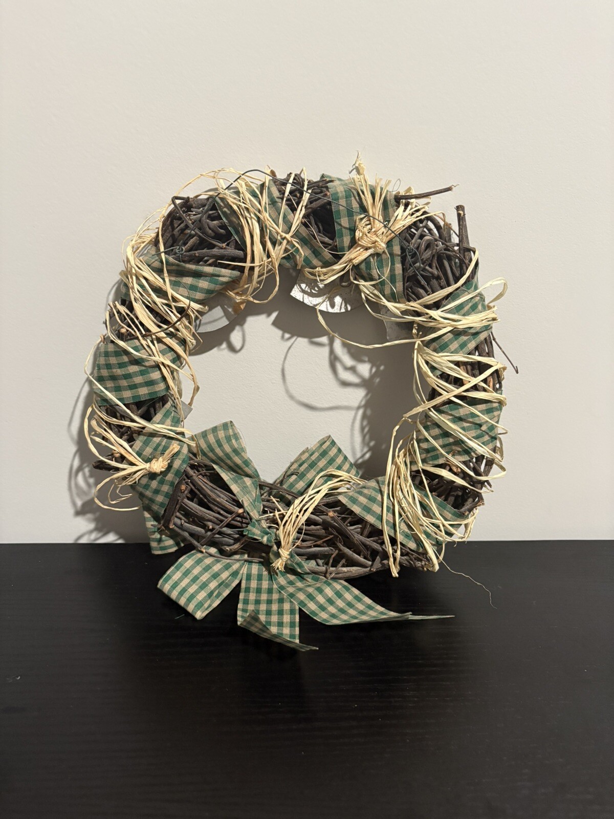 Vintage 10″ Hanging Ribbon Wrapped Twig Wood Wreath w/ Bow & Fruit Design