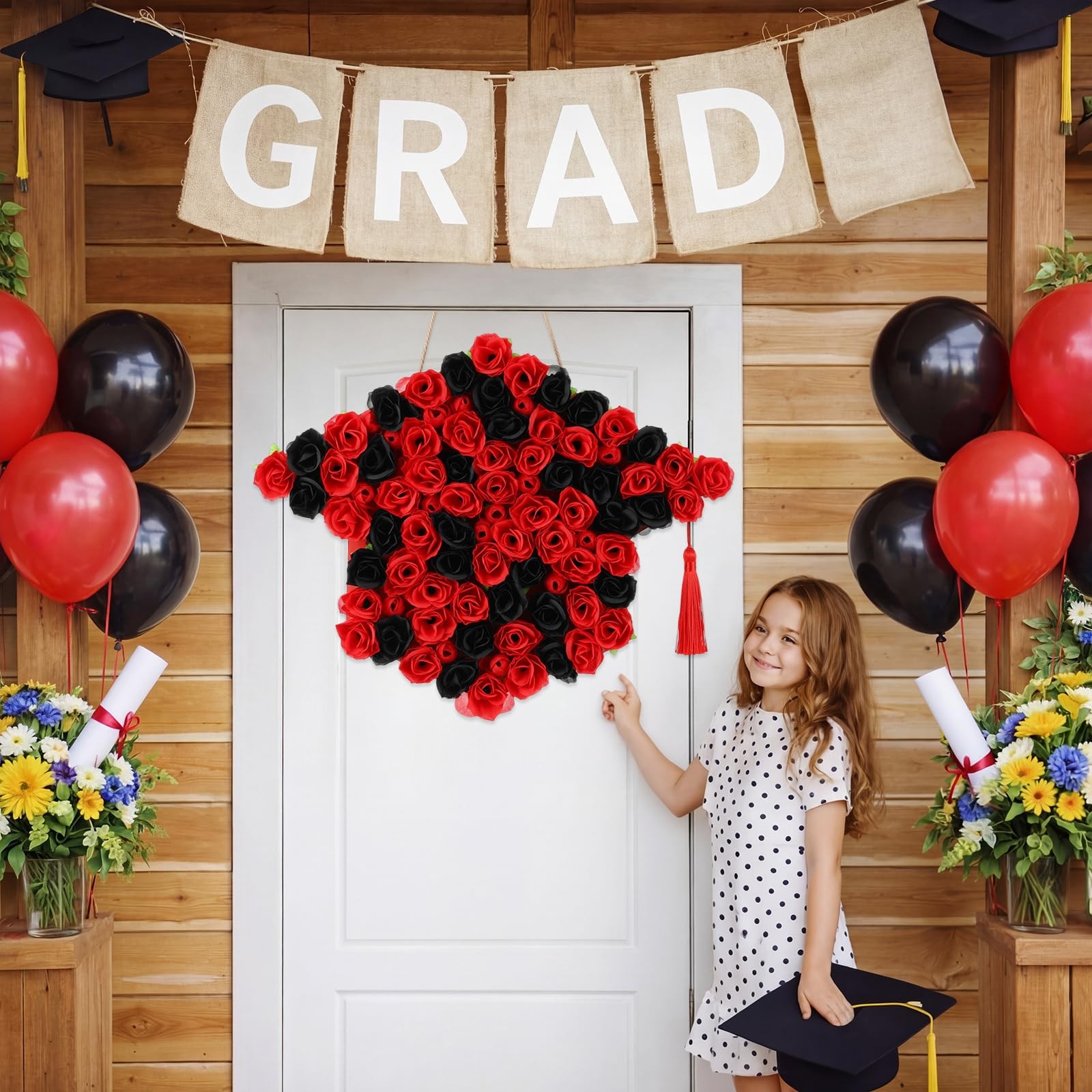 Graduation Wreath for Door Red and Black Graduation Decoration 2026 Floral Wr…