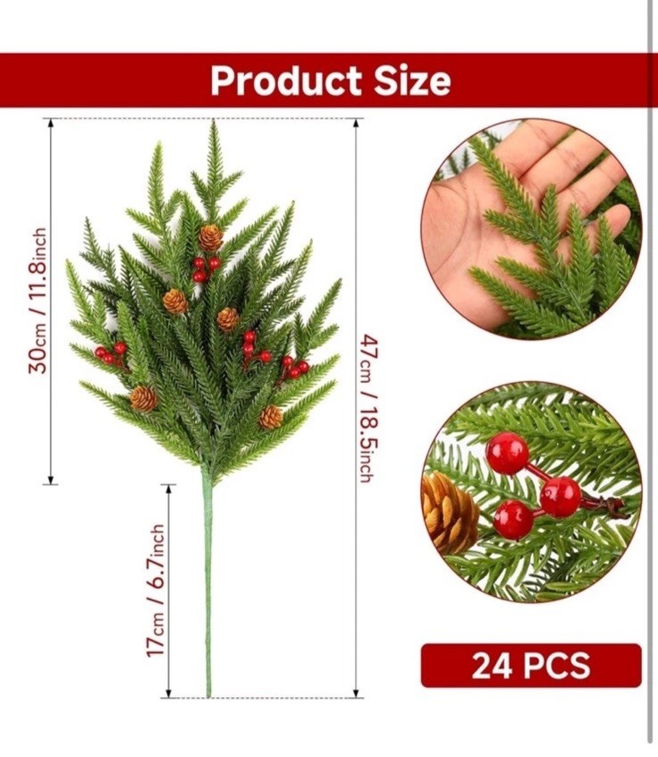 24PCS 17″ Artificial Pine Branches Christmas Decorations, Fake Cedar Stems