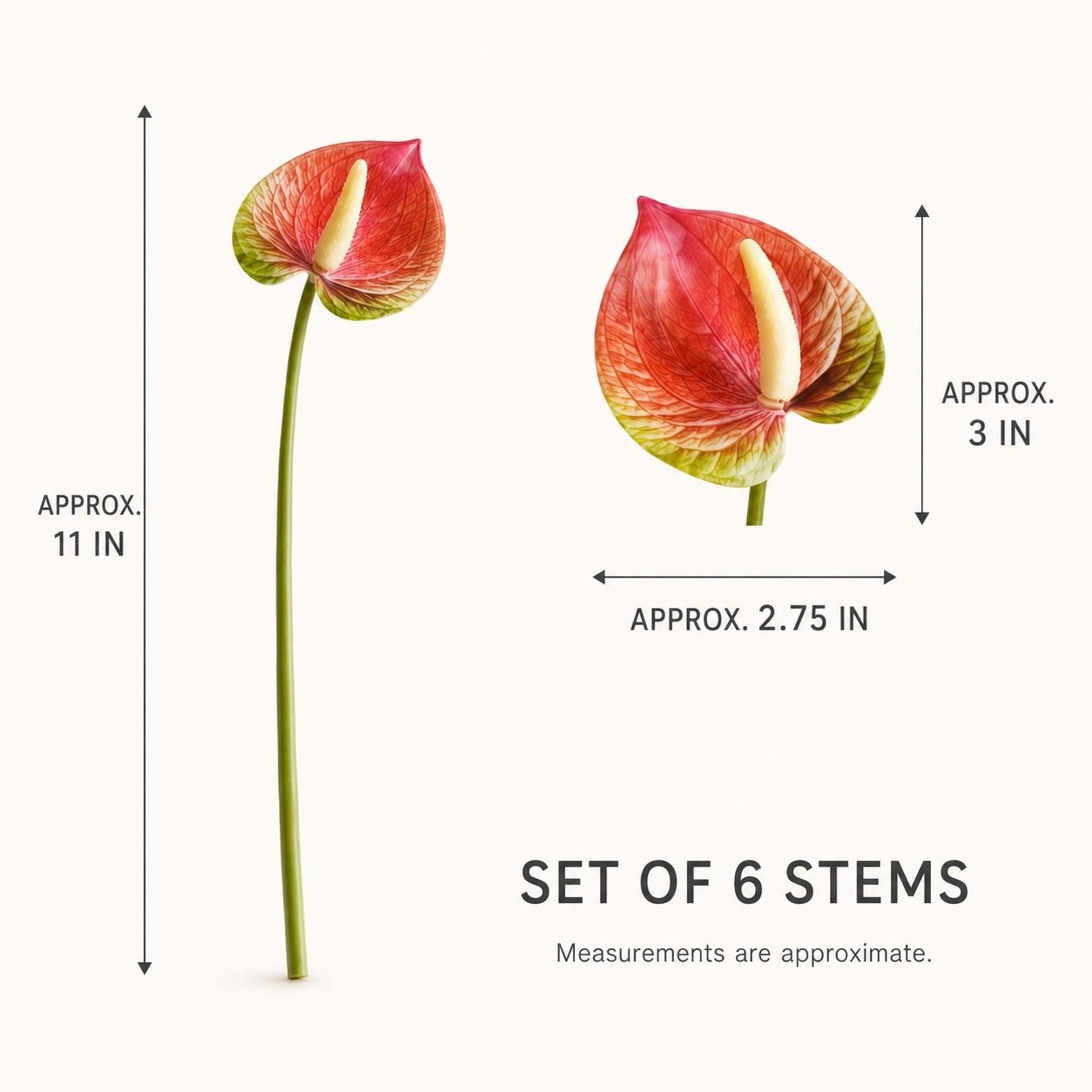 Pink Cream Green Artificial Anthurium Stems Set of 6, 11 Inch Faux Tropical Flow