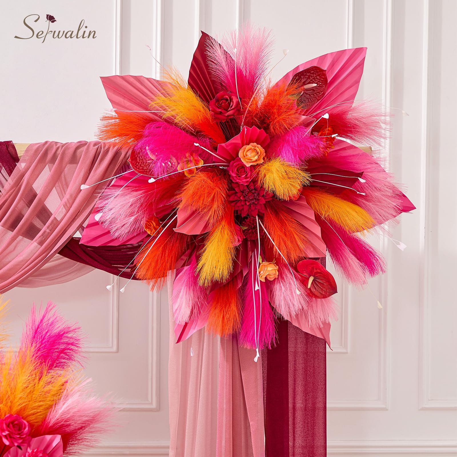 Gradient Burgundy Orange Pampas Grass Decor 17.7 Inch Faux Artificial 6 PCS