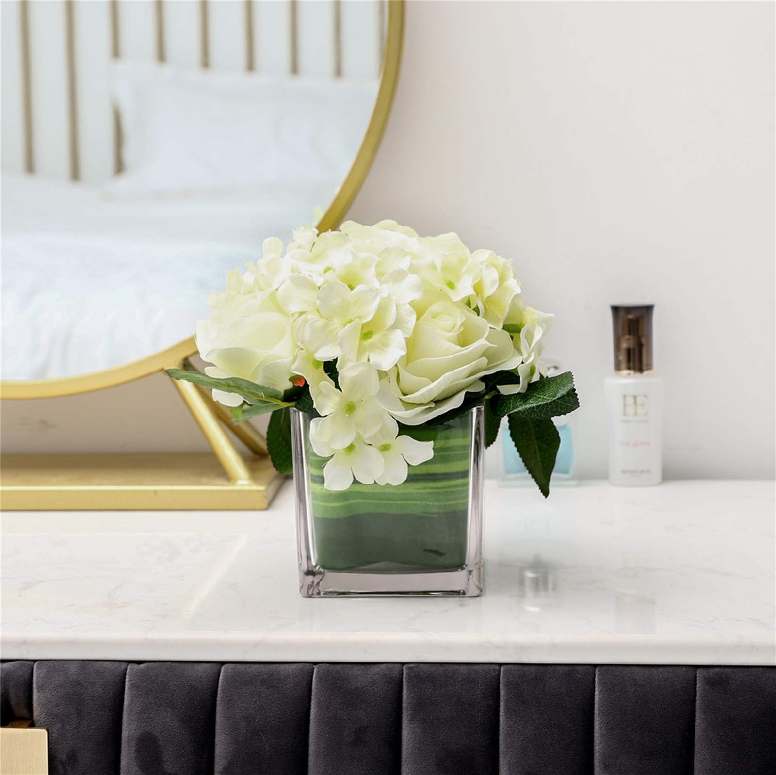 Spring White Artificial Silk Rose Flower Centerpiece Arrangement In Vase Home