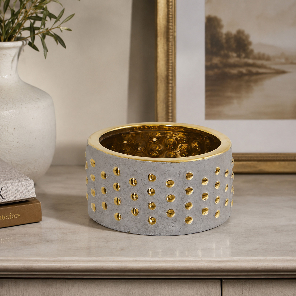 6.75″ Regal Stone Hobnail Planter with Gold Accents