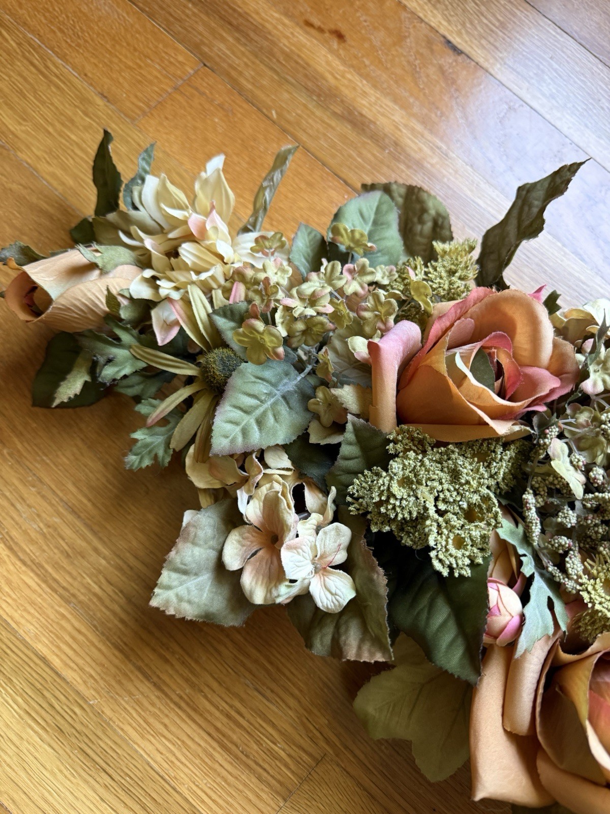Faux Flower Garland Swag Roses & Dahlia Peach, Green, Cream Wedding Arch 38 x 10