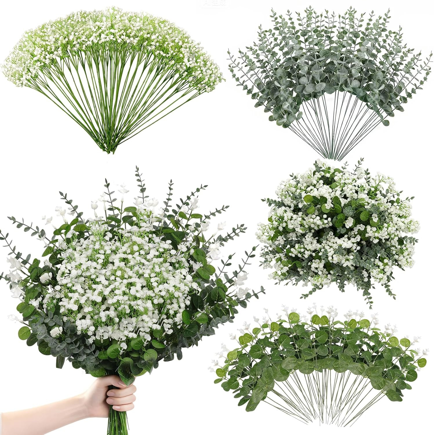 110pcs Mixed Faux Greenery: Real Touch Babys Breath Artificial Flowers Bulk, Euc