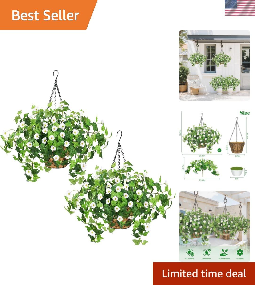 2 Pack Artificial Hanging Flowers with Baskets for Outdoors UV Resistant Fake…