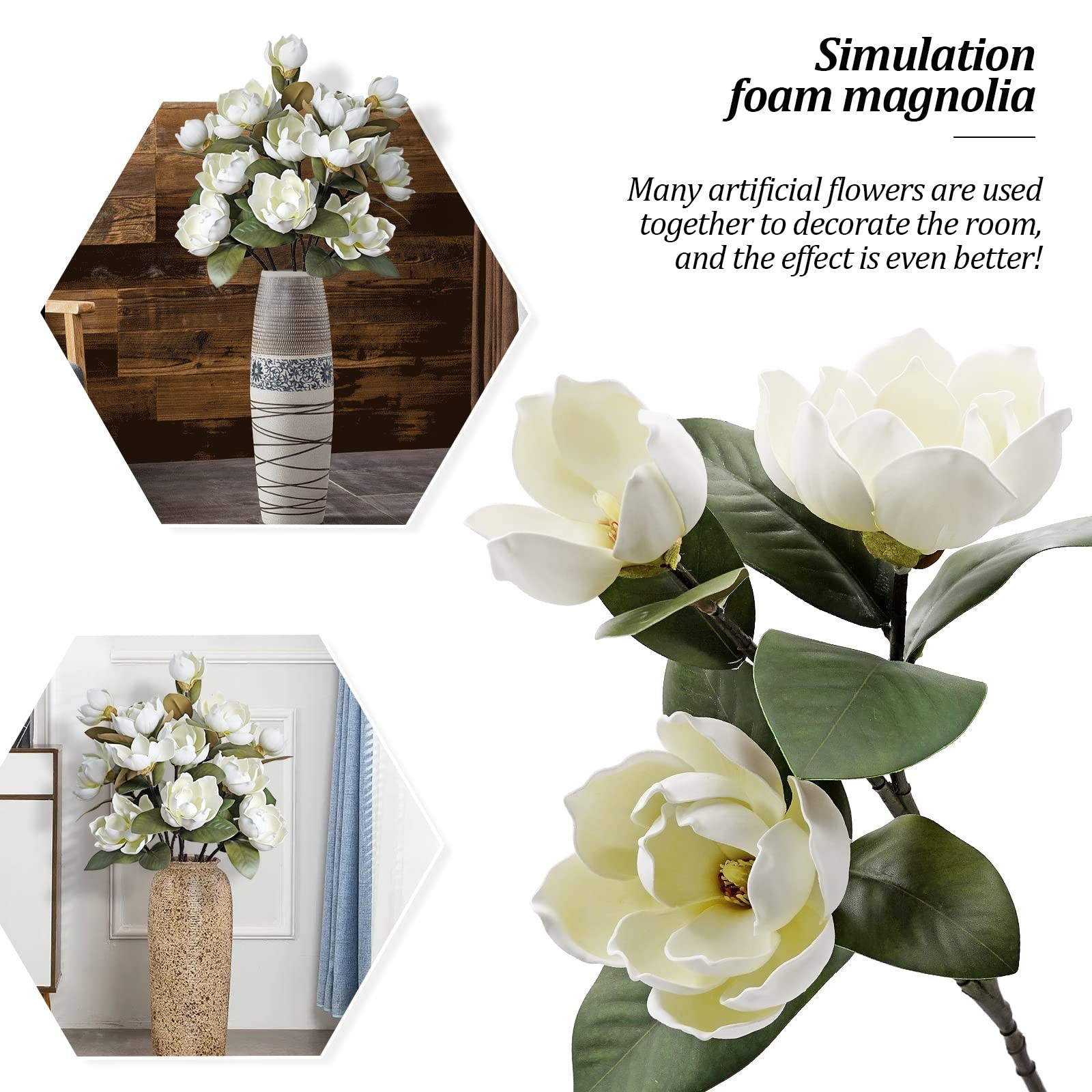 4 Pcs Vintage 12 Heads Artificial Magnolia Flower Foam Long Stem Flower Bouqu…