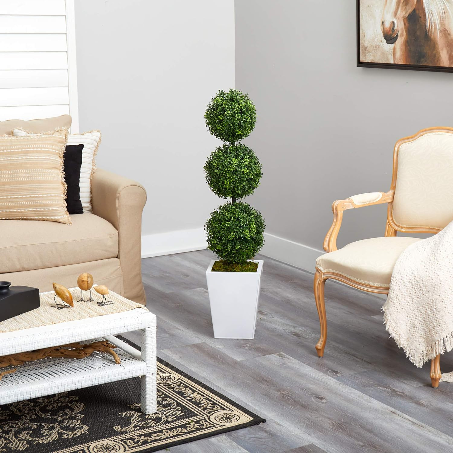 46″ Boxwood Triple Ball Topiary Tree in White Metal Planter for Indoor/Outdoor U