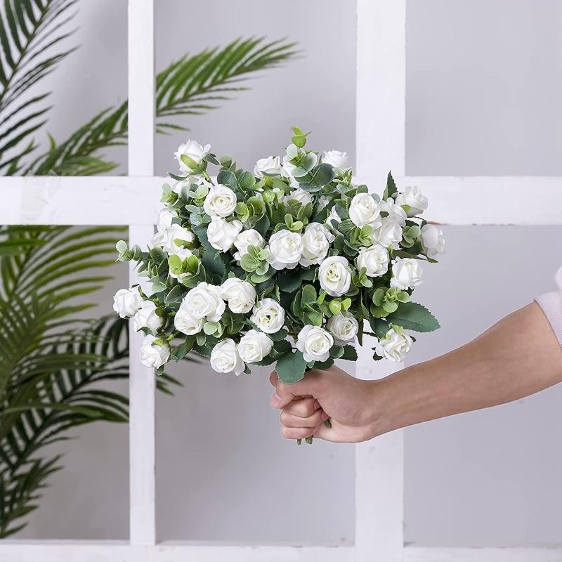 10 Head Artificial Silk Rose Peony Eucalyptus Bouquet Wedding Home Party Decor