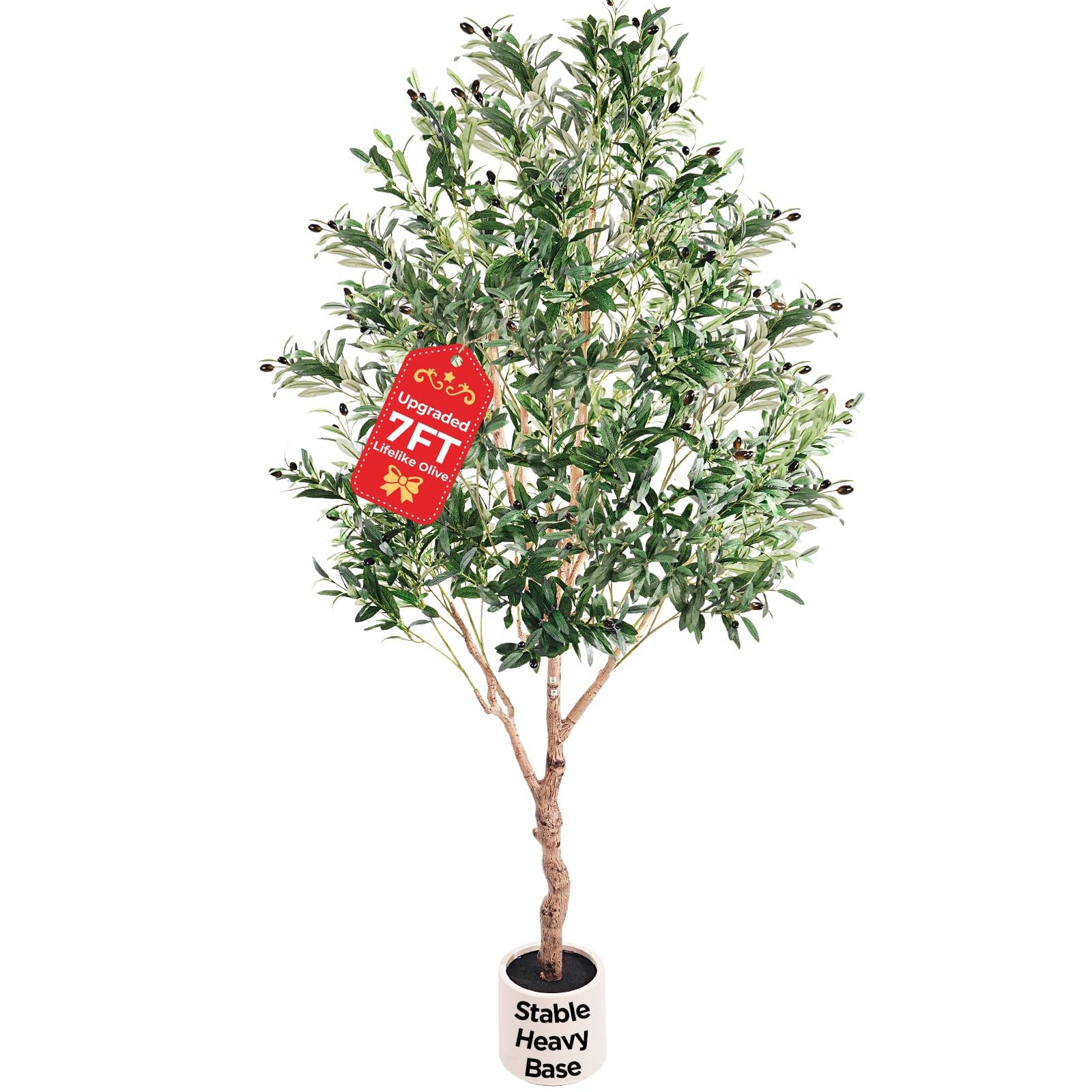 7FT Large Olive Trees Artificial Indoor Upgraded Faux Wood Trunk White Planter