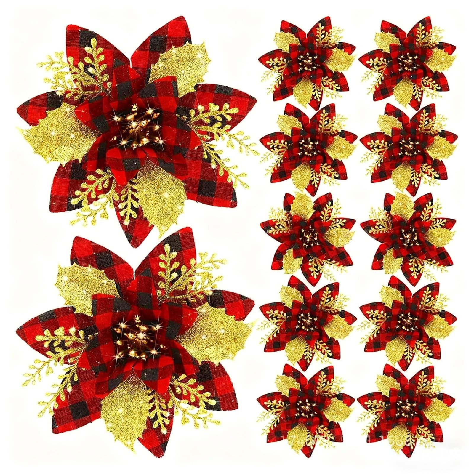 12 PCS Christmas Glitter Artificial Poinsettia Red Flowers Tree Decoration