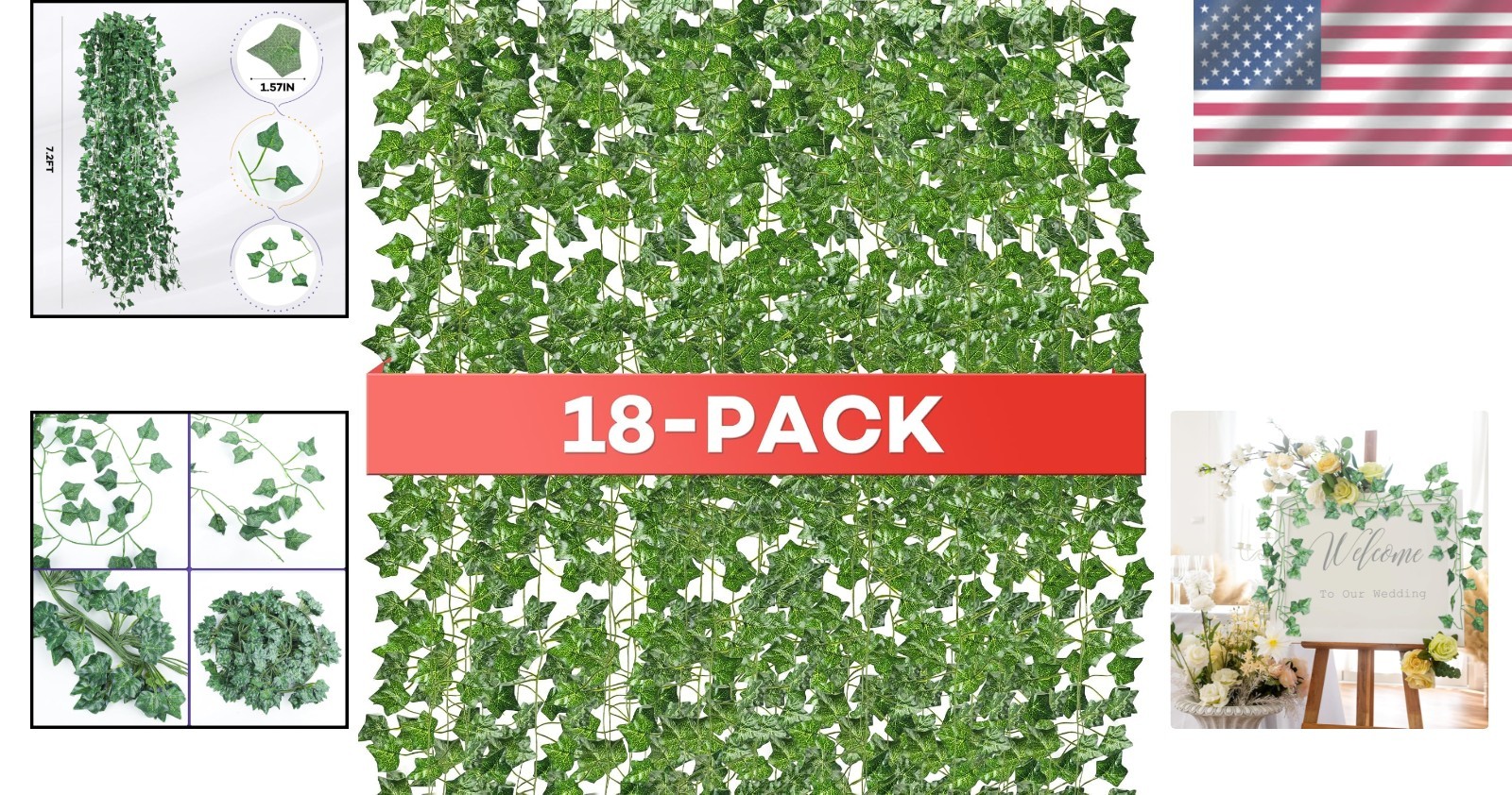 7 Feet Long Fake Ivy Vines, 18 Pack – Ideal for Weddings, Parties & Home Decor