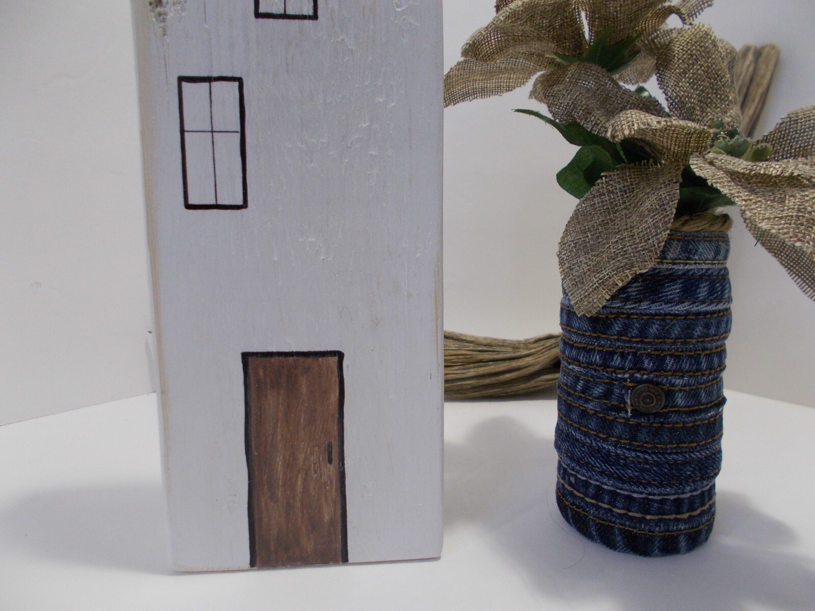 Small Denim Vase from Denim Side Seams w Burlap Flowers & Painted Wooden House