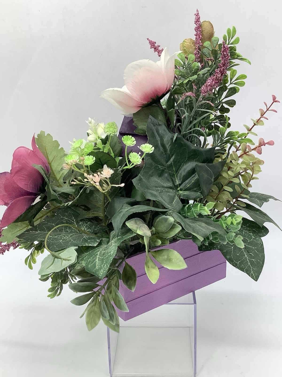 Handmade Purple Floral Arrangement With Hand painted Wood Birdhouse
