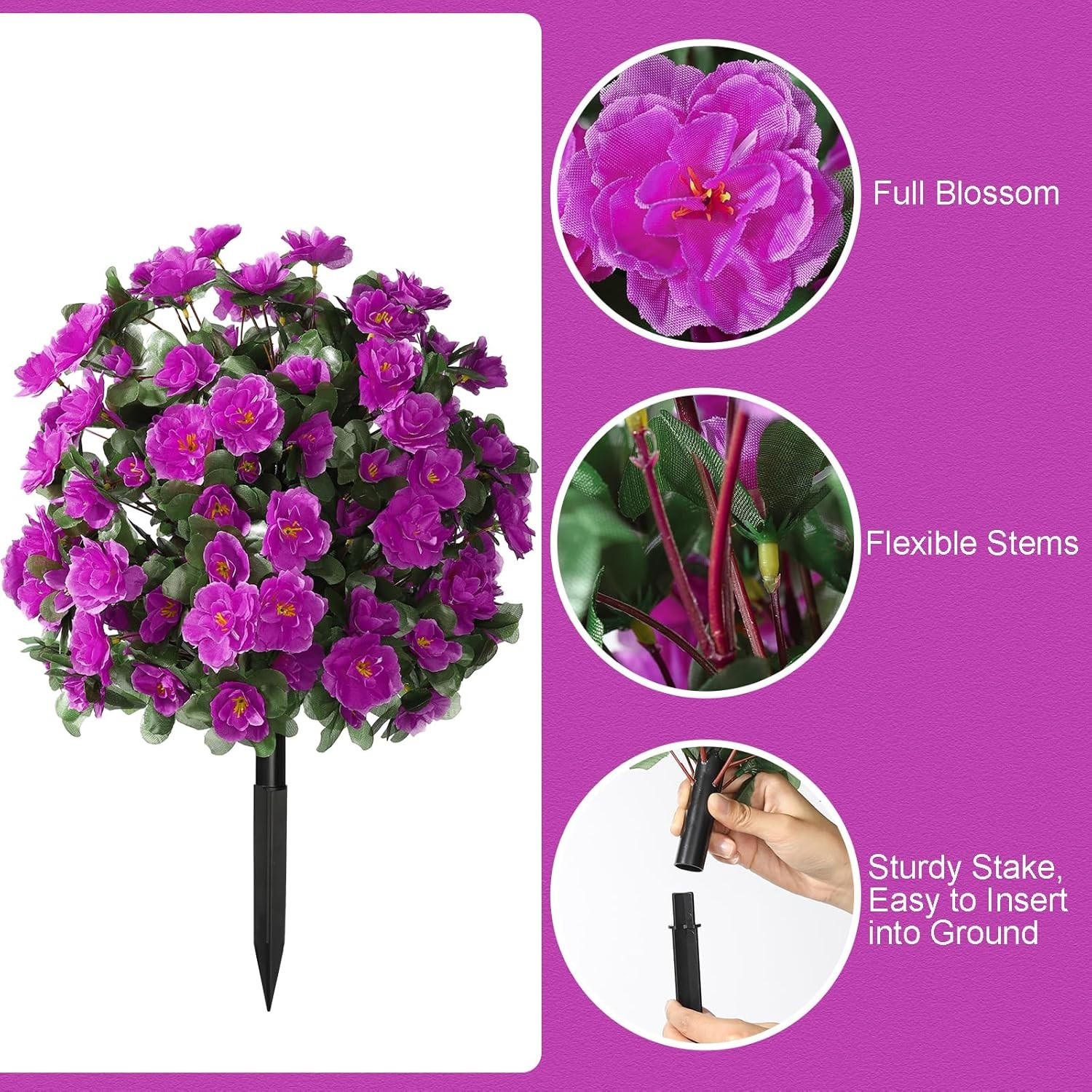 Artificial Flowers for Outdoor with Ground Stakes, 22″ Faux Azalea Silk Flora…