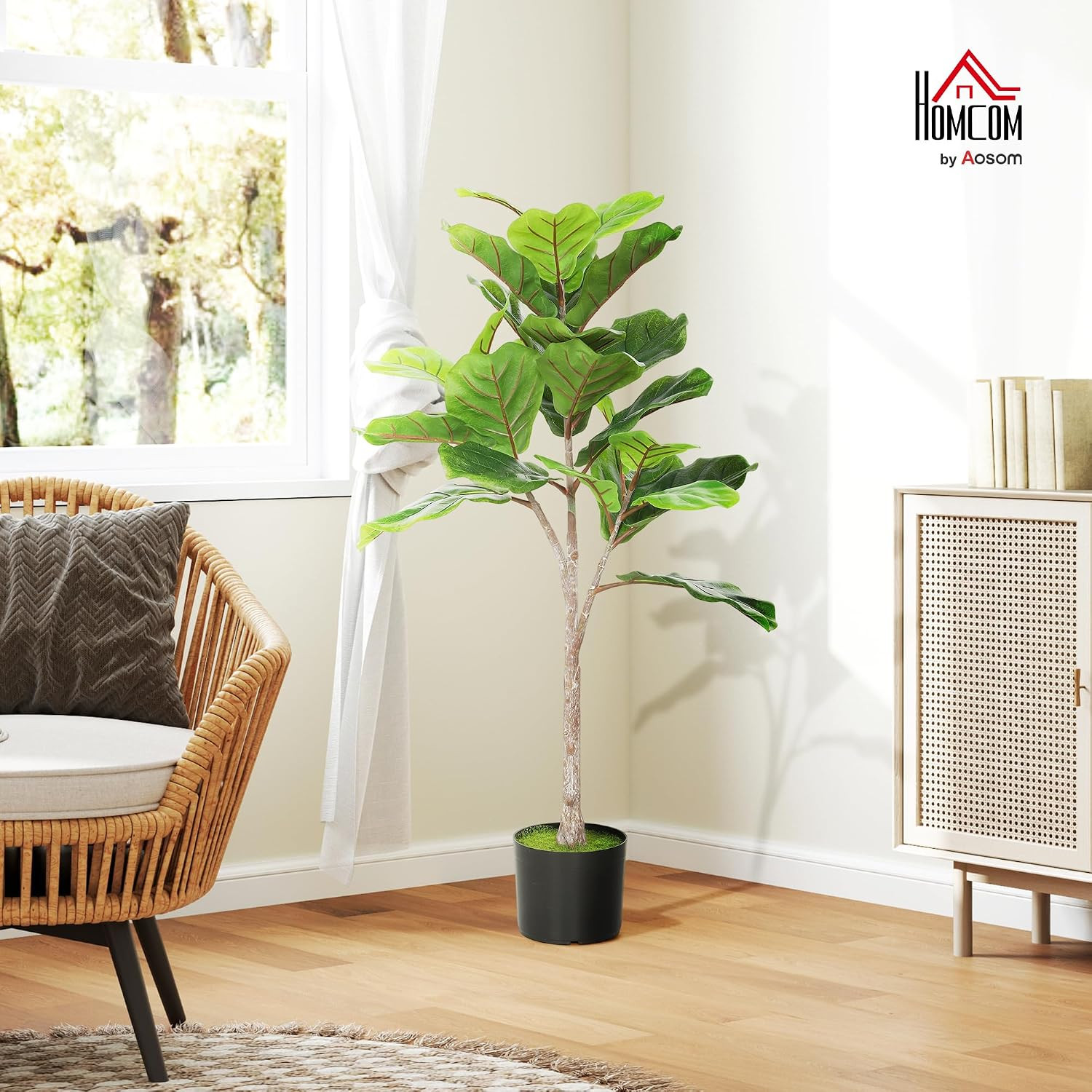 Artificial Fiddle Leaf Fig Tree with Pot, 43″, Green | 28 PEVA Leaves, Flocked S