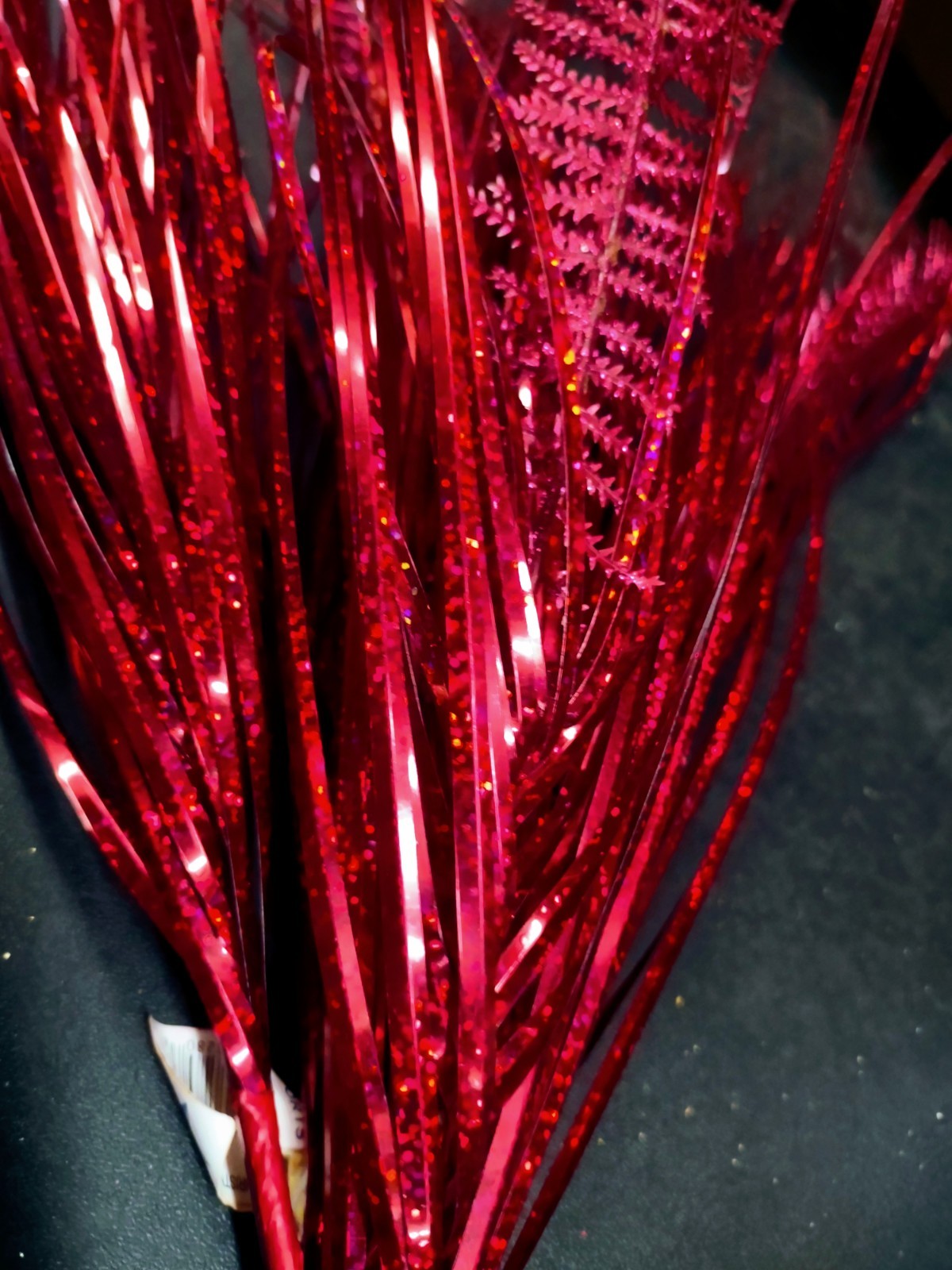 Retro Plastic Dragon Fern, Red, w/200 Stems of Holographic Grass Greenery, 24″