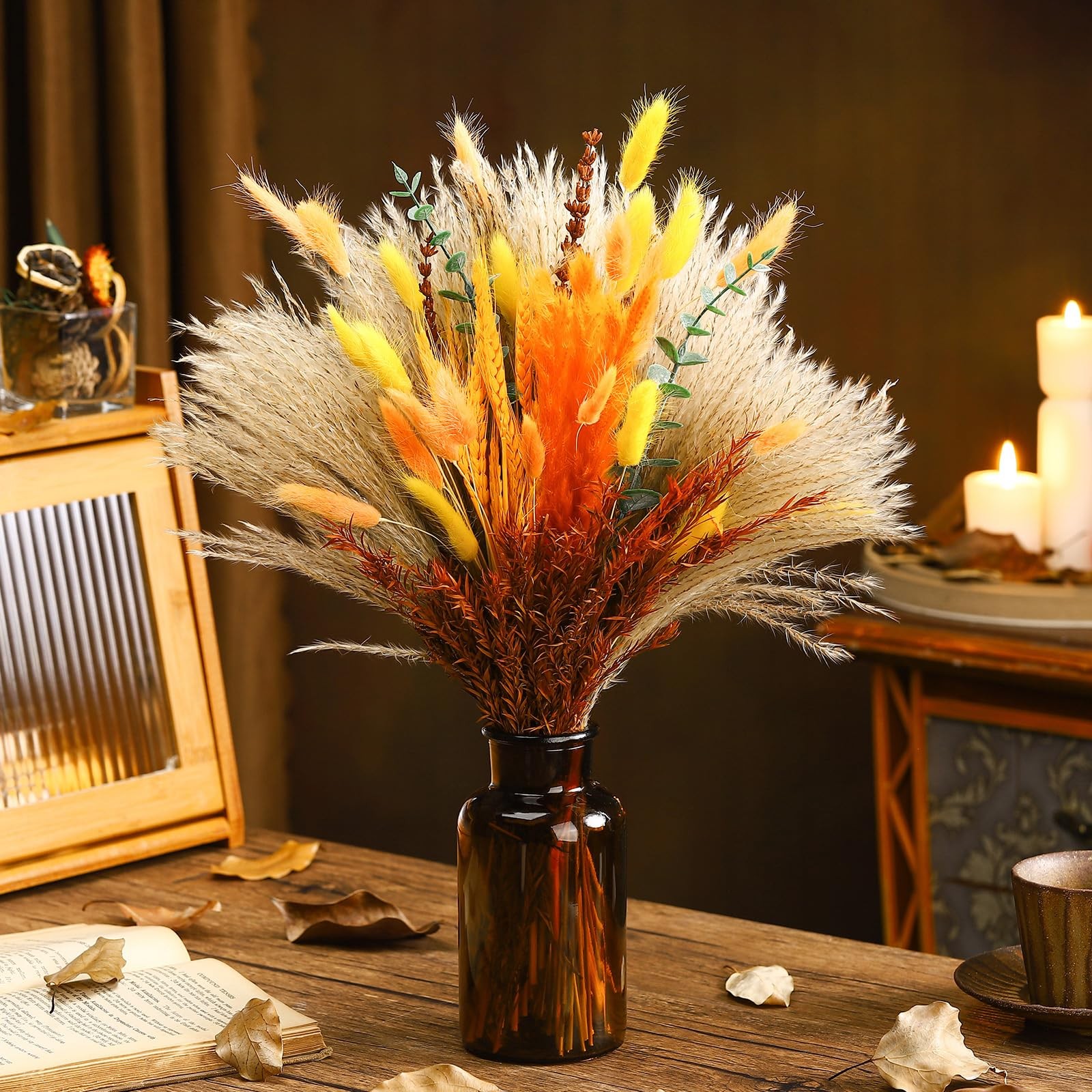 200 Pcs Fall Mix Dried Flower Decor Pampas Bouquet Autumn Orange Table Center…