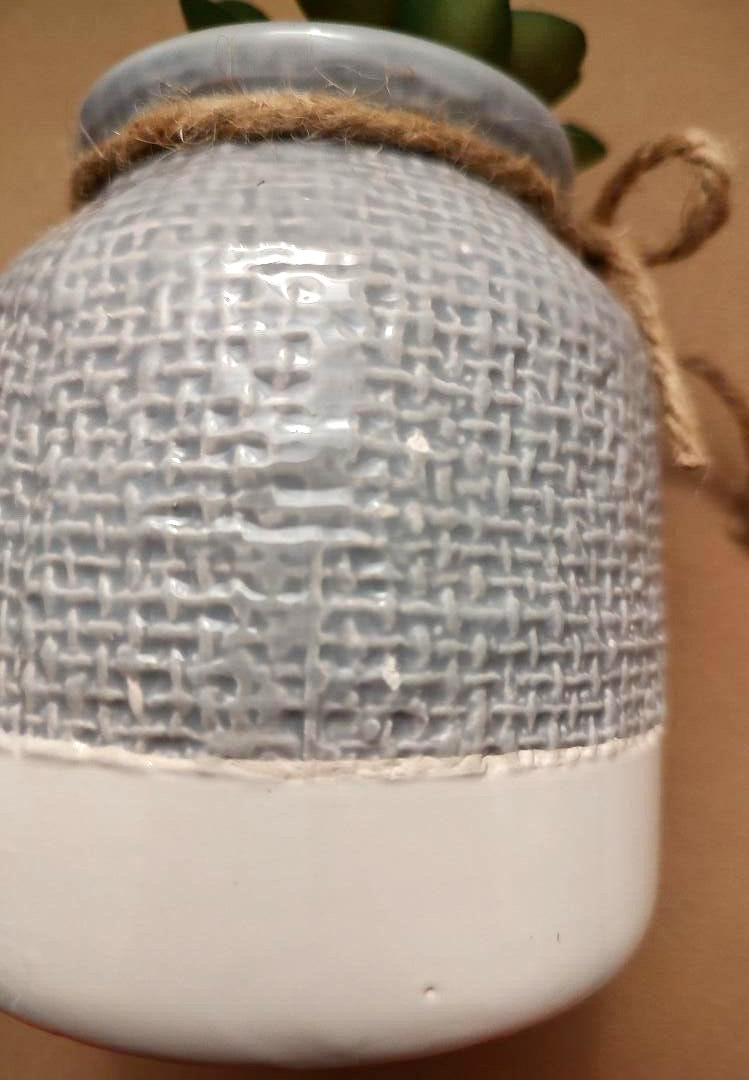Rustic Ceramic Succulent Vase Jute Bow Textured Gray & White Planter Home Decor