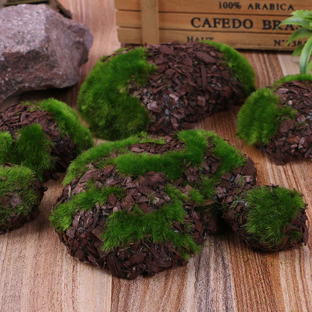 6pcs/Pack Green Moss Stone Artificial Grass Wood Fake Rock Blocks Simulation