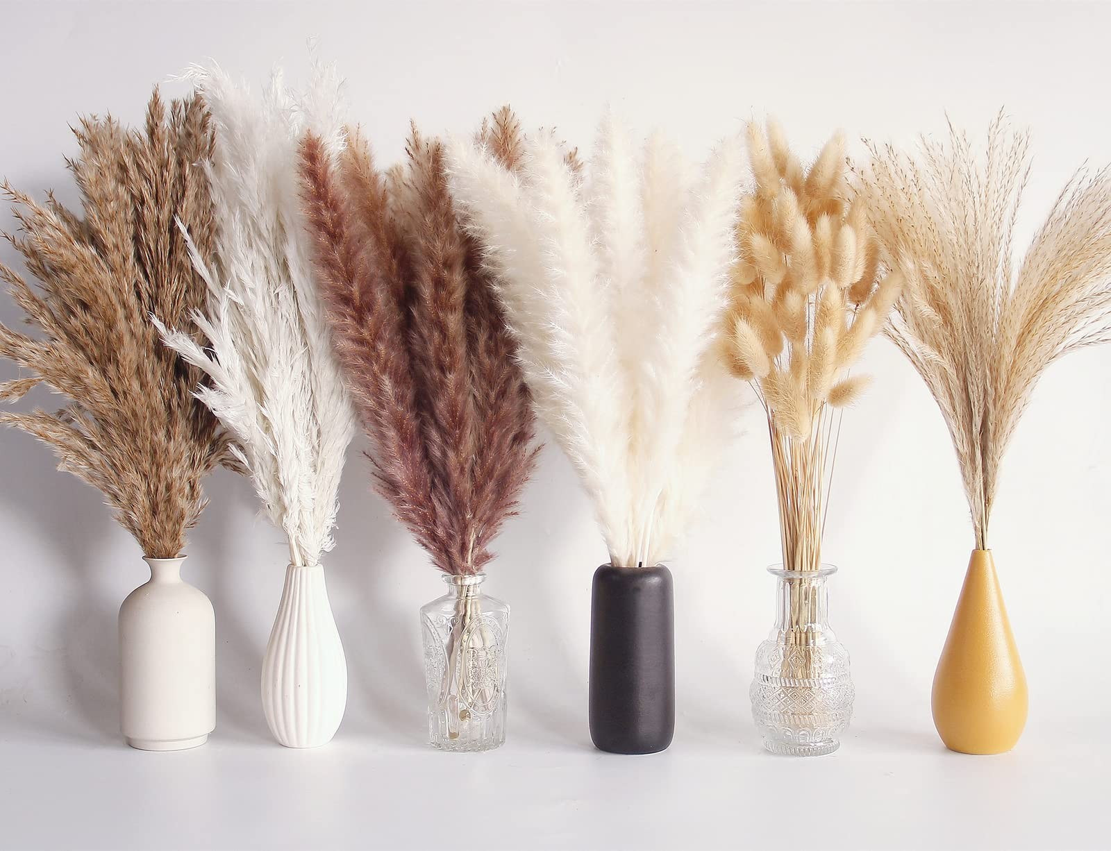 110 PCS Dried Pampas Grass Bouquet, Brown & White Bunny Tails for Decor