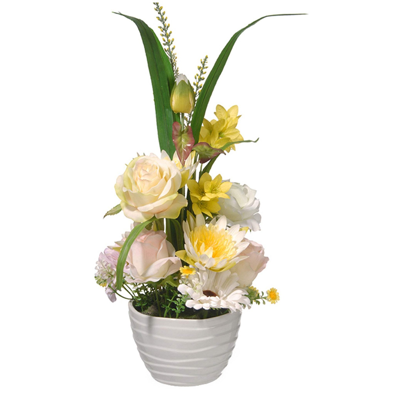 17 in. Spring White Daises and Roses Flower Pot with Leafy Greens
