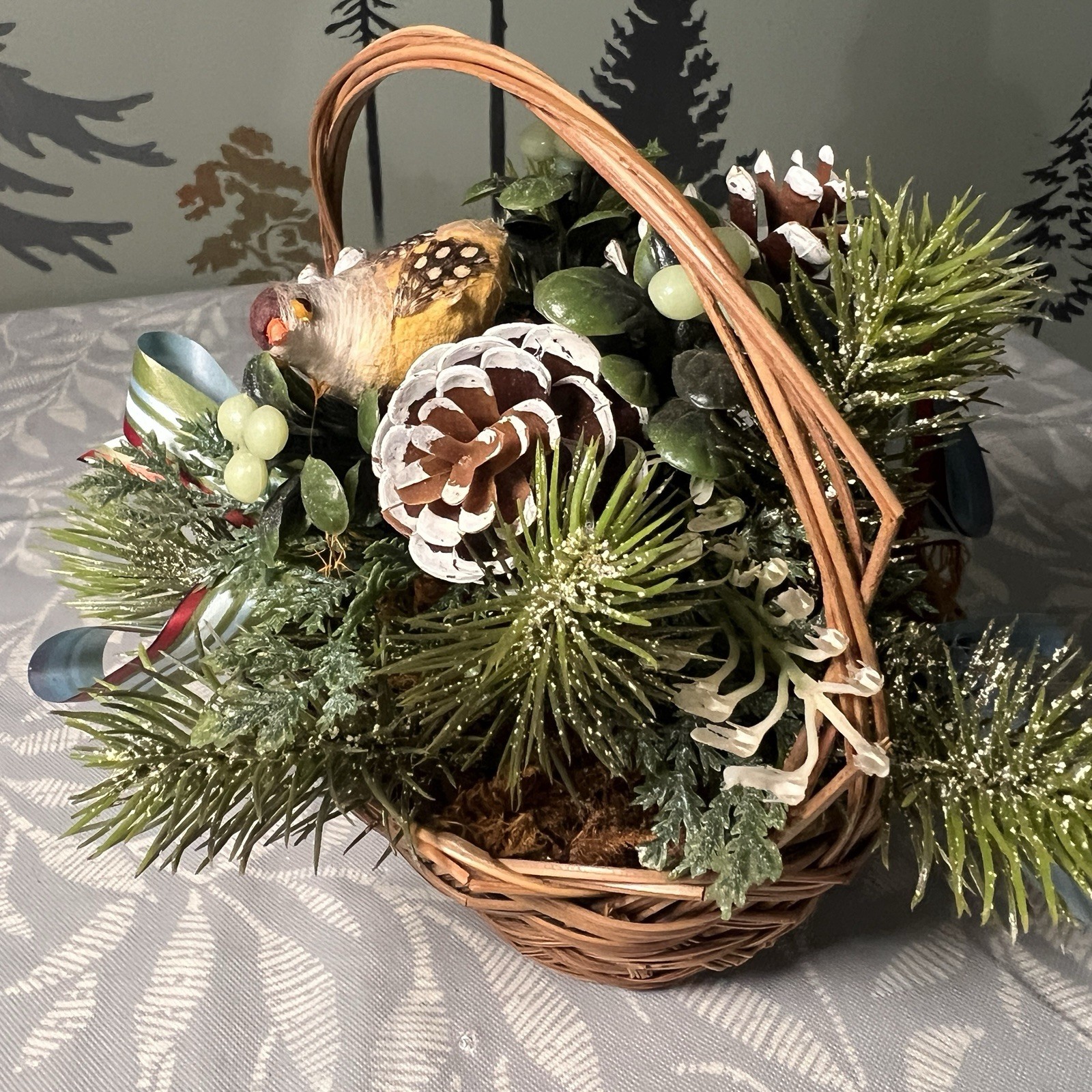 Festive Artificial Christmas Floral Arrangement In Small Round 6” Woven Basket