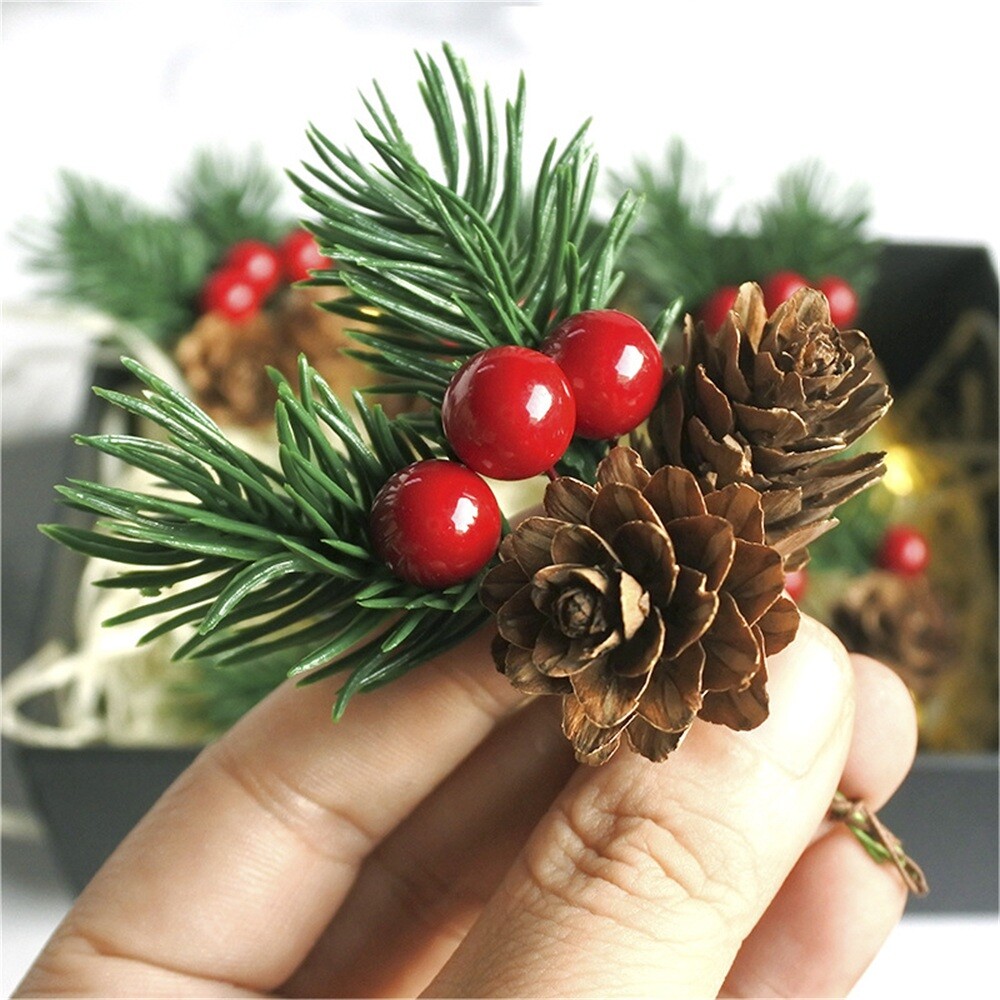 10Pcs Christmas Artificial Pine Branches with Leaves Red Holly Berries Craft DIY