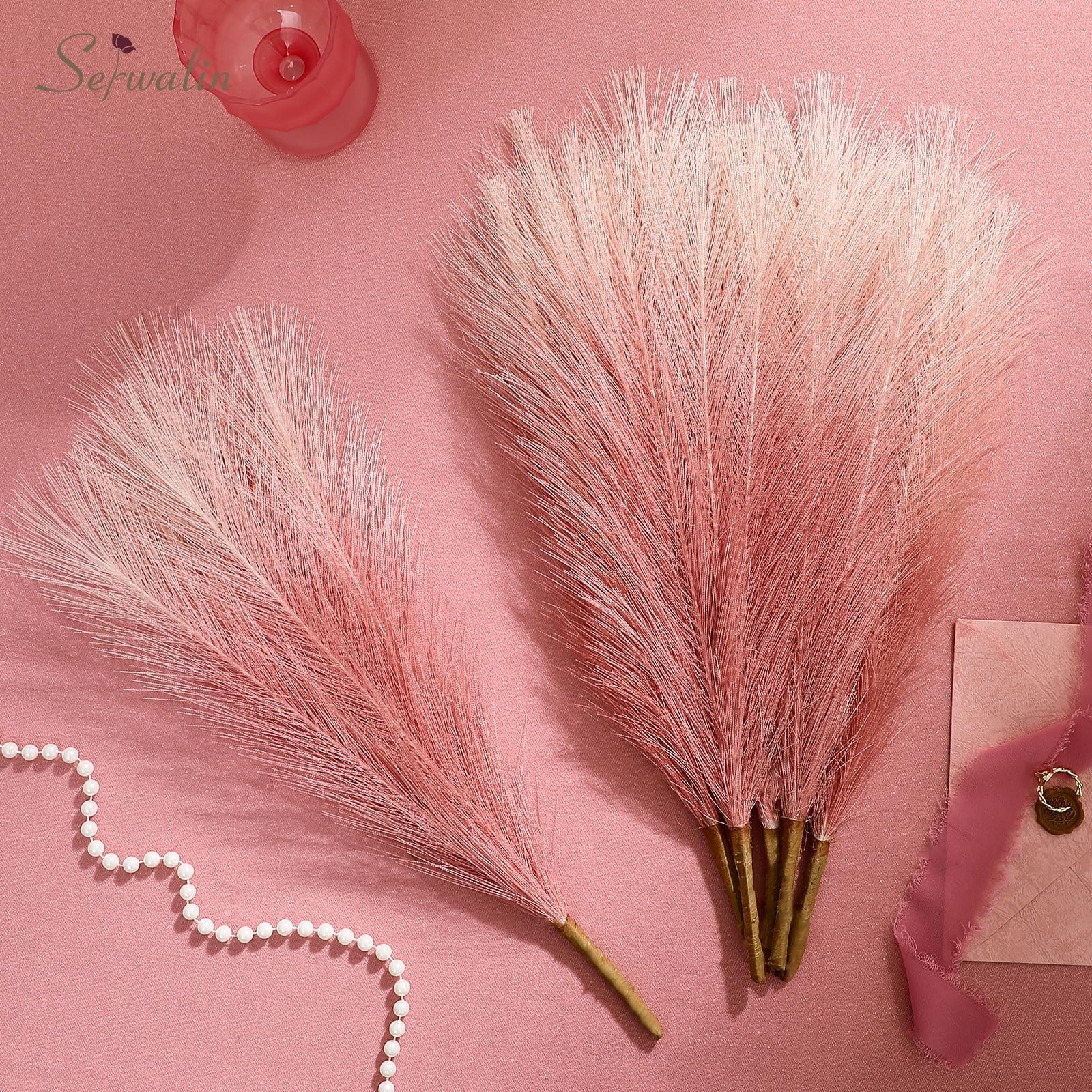 6 PCS Gradient Pink Pampas Grass Decor 17.7 Inch Artificial Fluffy Decor