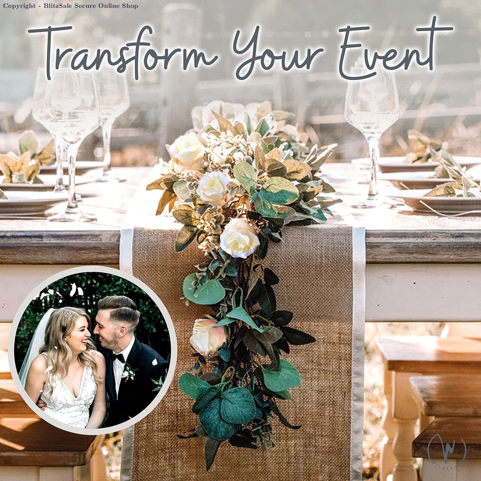 6 Pack Artificial Eucalyptus Garland with 17 Ivory Cream Roses – Wedding Floral