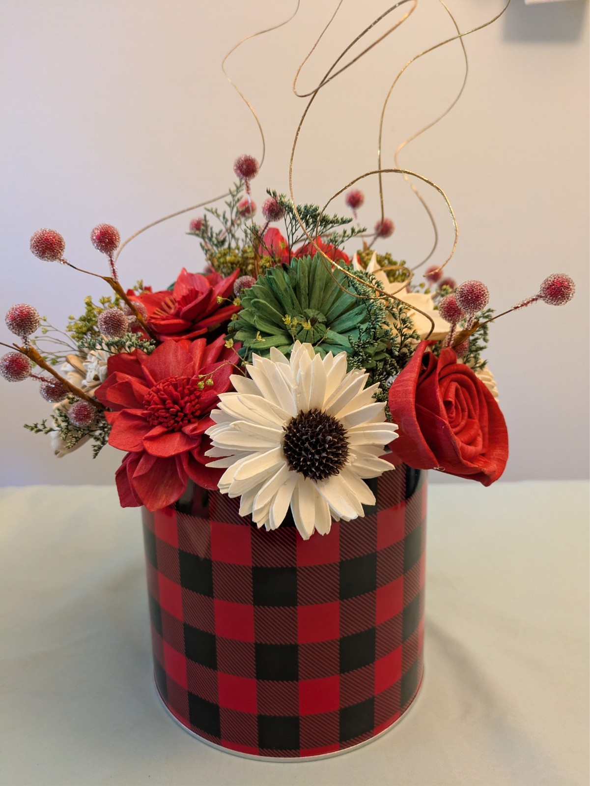 Sola Wood flowers large Christmas arrangement in red plaid tin can- hand made