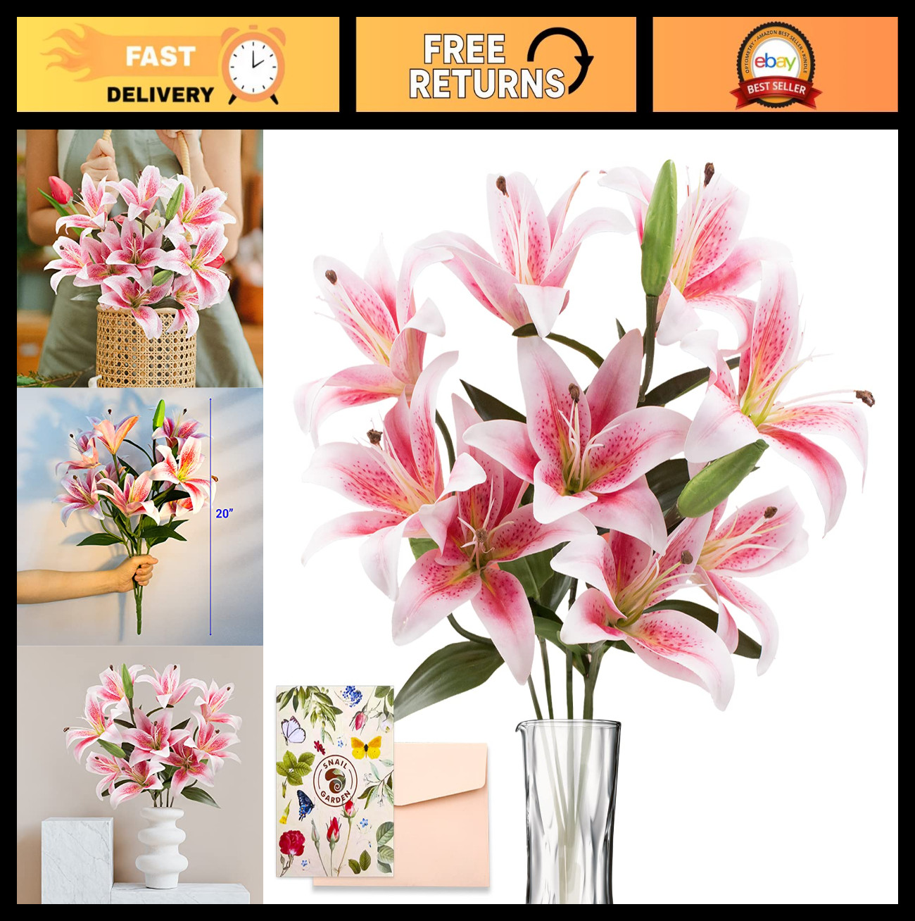 12 Artificial Lily Flowers – Full Bloom Stargazer & Tiger Lilies, Long Stem Faux