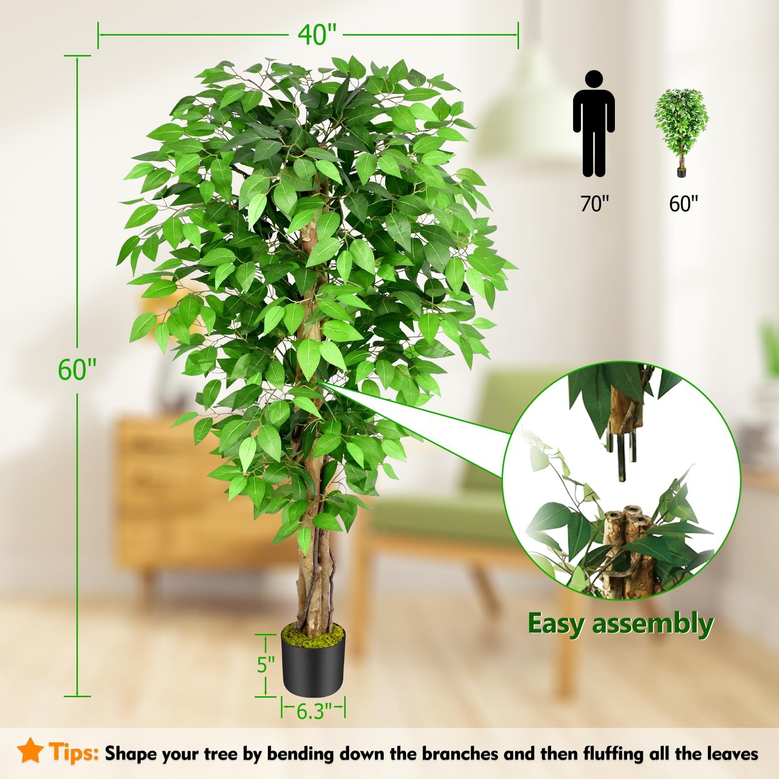 Keeplush 5ft Ficus Artificial Trees with Natural Curved Trunks, 60″ Tall Lush…