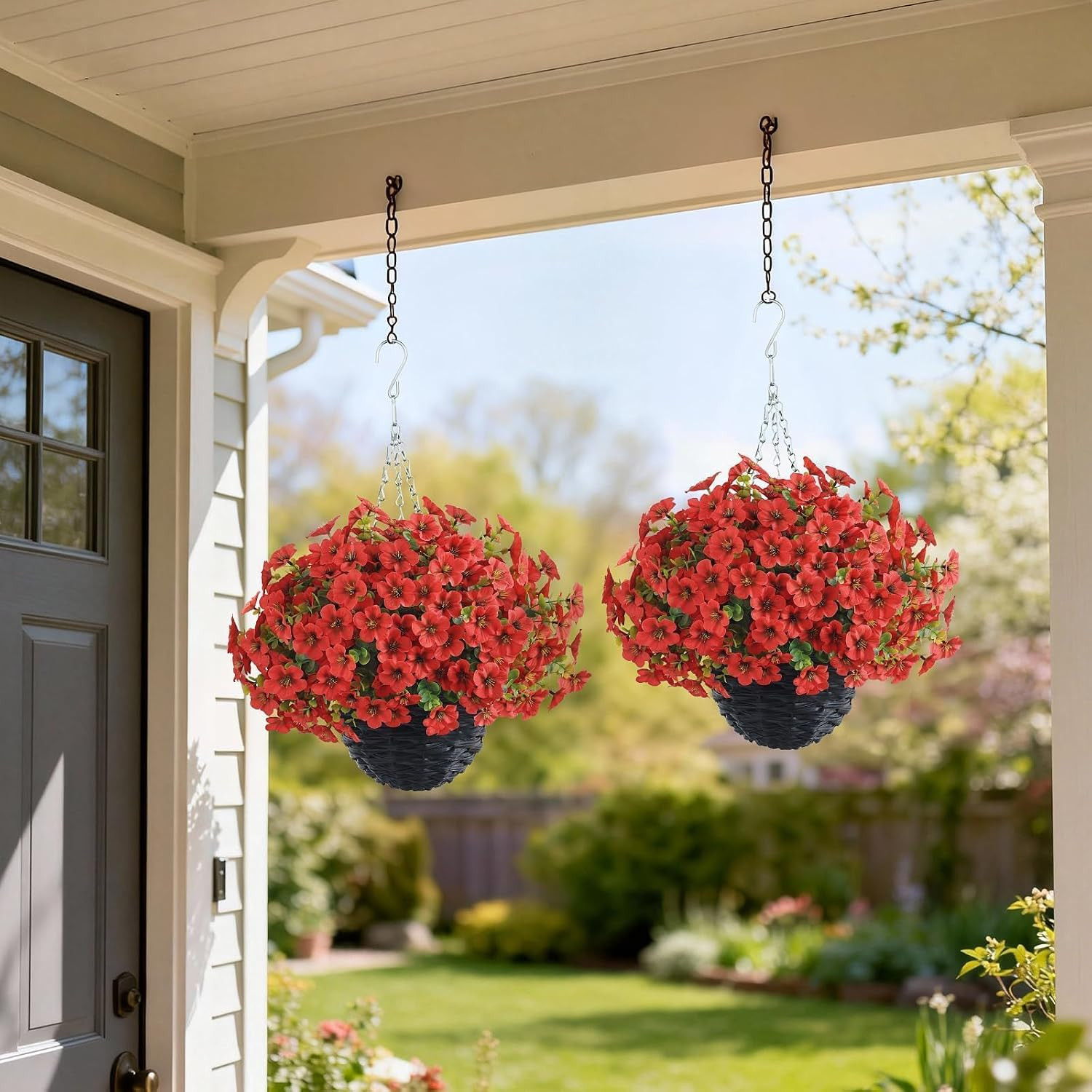 Red Artificial Morning Glory & Eucalyptus Hanging Baskets for Outdoor Decor