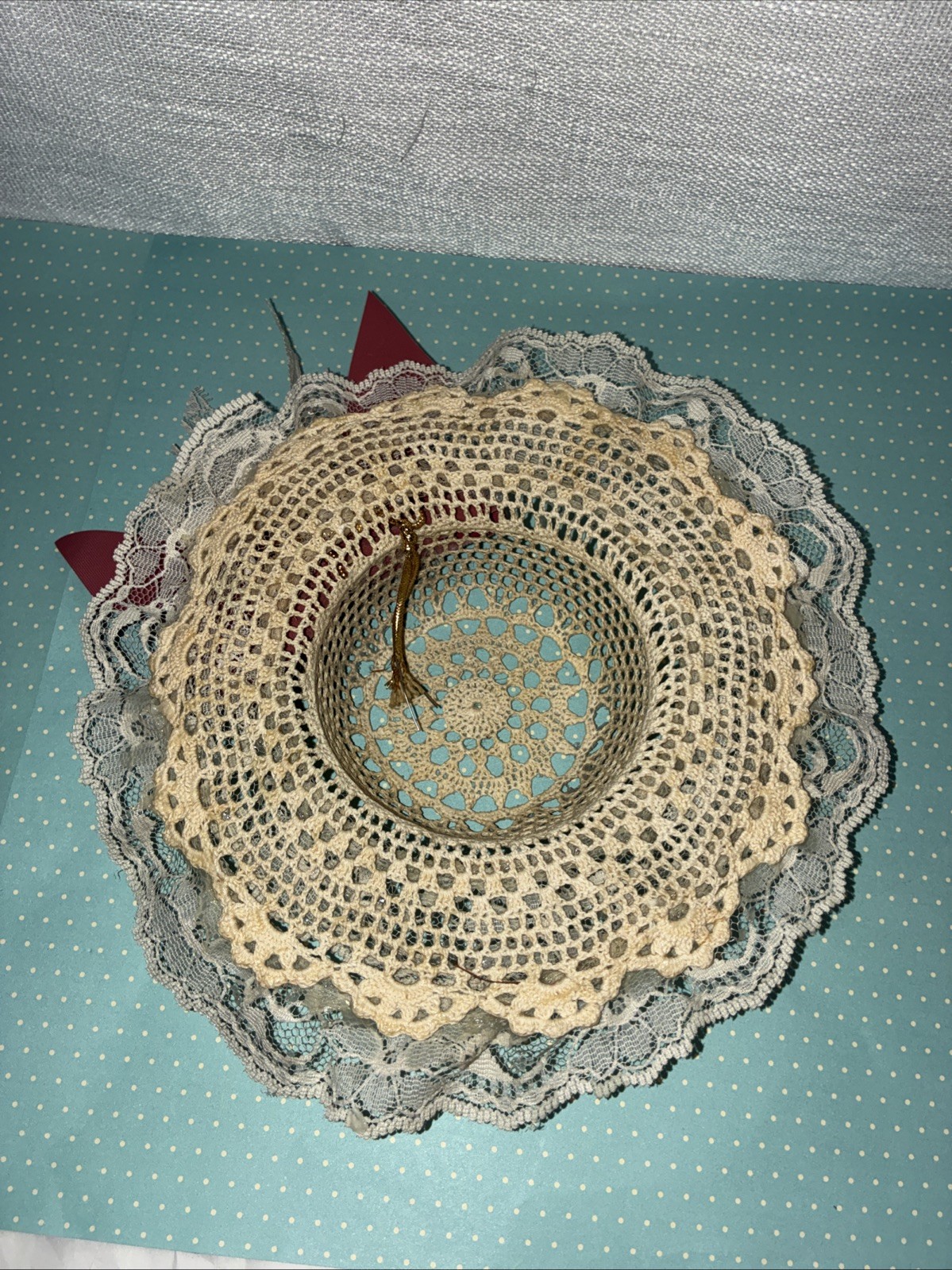 Vintage Hat With Lace And Bows Wall Decor 8” Cottagecore